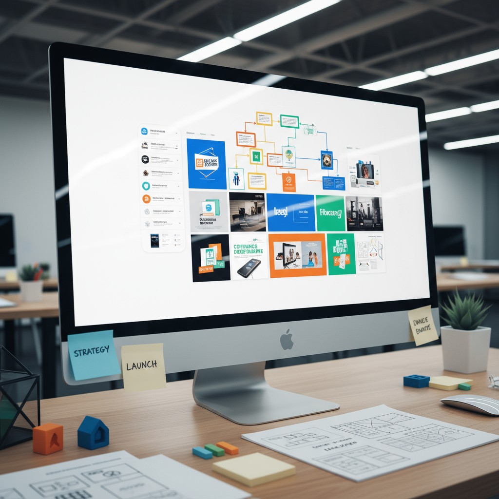 computers in a modern office setting to showcase visual design elements.