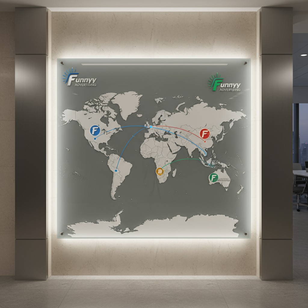 Funnyy advertisement glass map, a world map displayed on frosted glass featuring the funnyy advertising logo in four diffe...