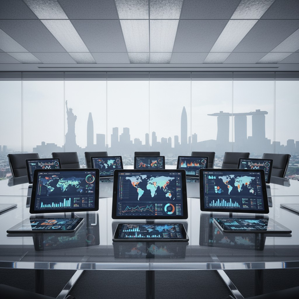 title Based on the image, here is a plausible alt text: "9 tablets with world maps on bright, grey room withStatue of Liberty vi...