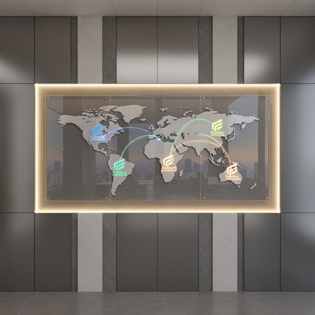 A modern gray wall with a world map on it.