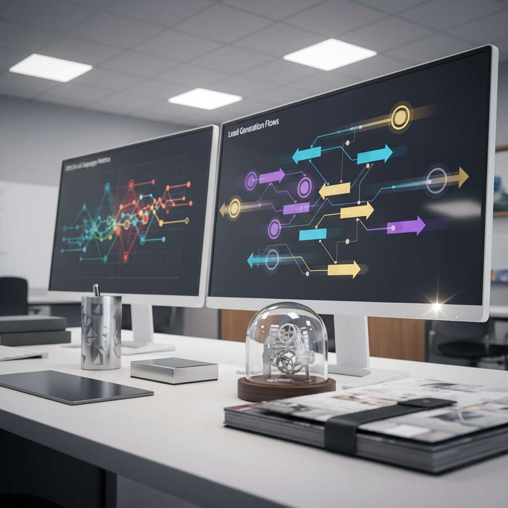 "Blurred image of an office desk with computers running well-known data analytics applications containing large amounts of...